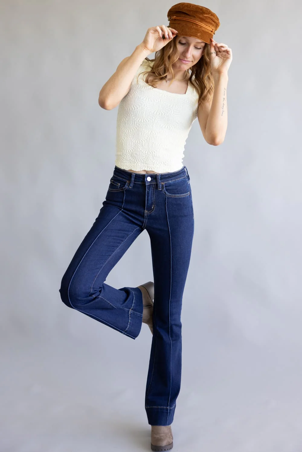 Vervet High Rise Dark Wash Center Hem Bootcut Jeans for Women | T6978 - Image 2