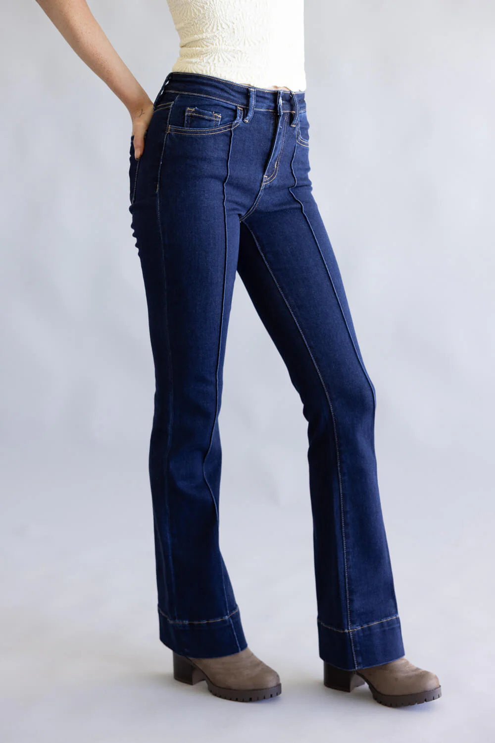 Vervet High Rise Dark Wash Center Hem Bootcut Jeans for Women | T6978 - Image 5