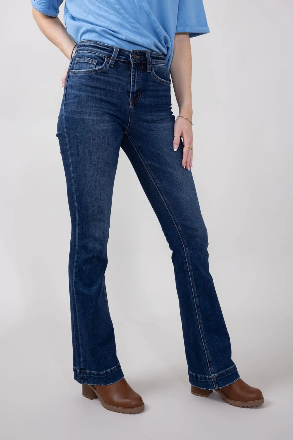 Vervet High Rise Dark Wash Trousers Hem Bootcut Jeans for Women | T6501 - Image 4