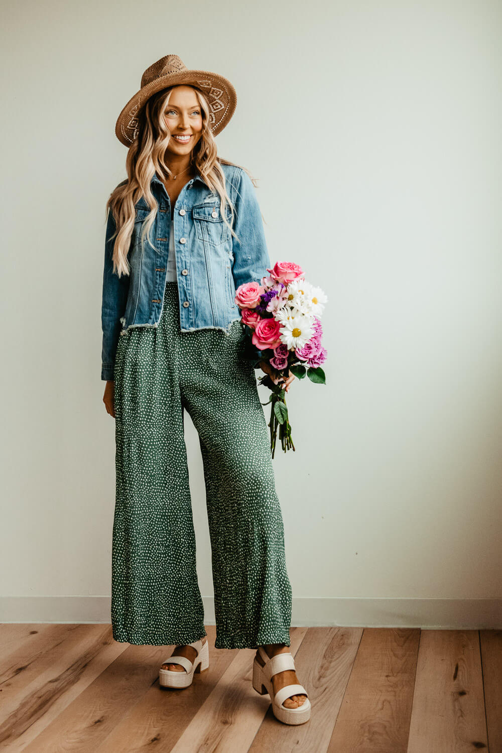 Dotted Smocked Waist Wide Leg Pants for Women in Green | NP70125-GREENDOTTED - Image 2