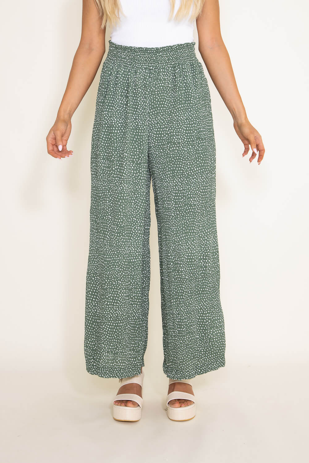Dotted Smocked Waist Wide Leg Pants for Women in Green | NP70125-GREENDOTTED - Image 4