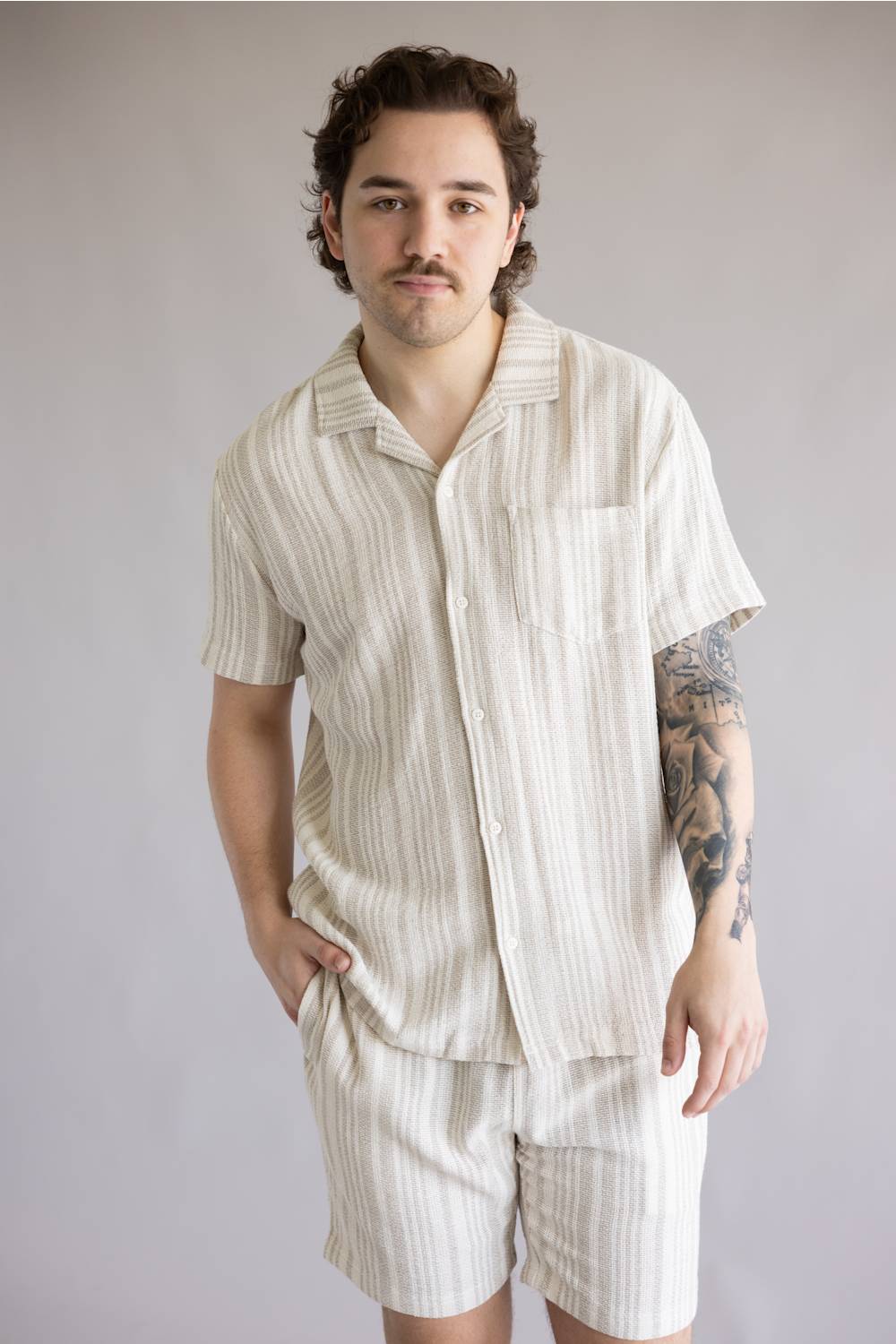 Vintage Summer Basketweave Button Up Shirt for Men in Tan | V84902 TAN STRIPE - Image 2