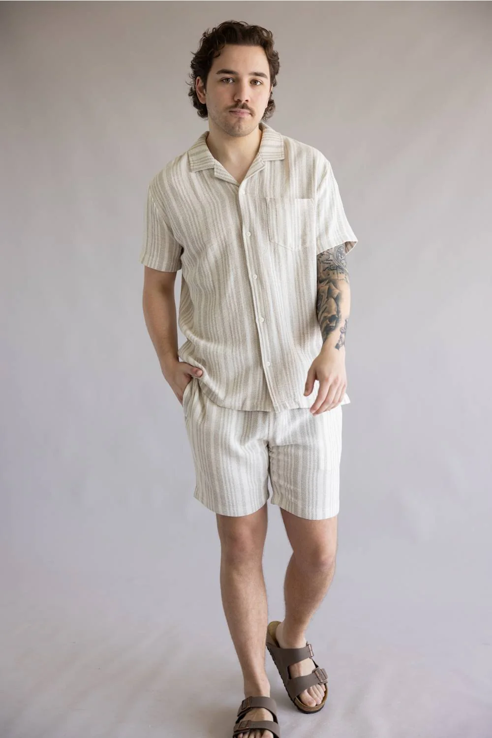 Vintage Summer Basketweave Button Up Shirt for Men in Tan | V84902 TAN STRIPE - Image 3