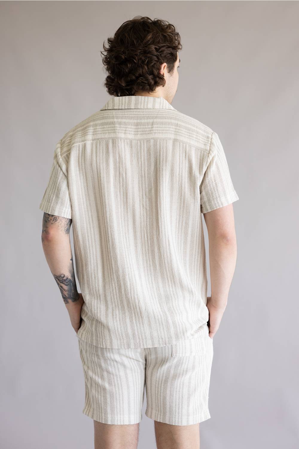 Vintage Summer Basketweave Button Up Shirt for Men in Tan | V84902 TAN STRIPE - Image 4