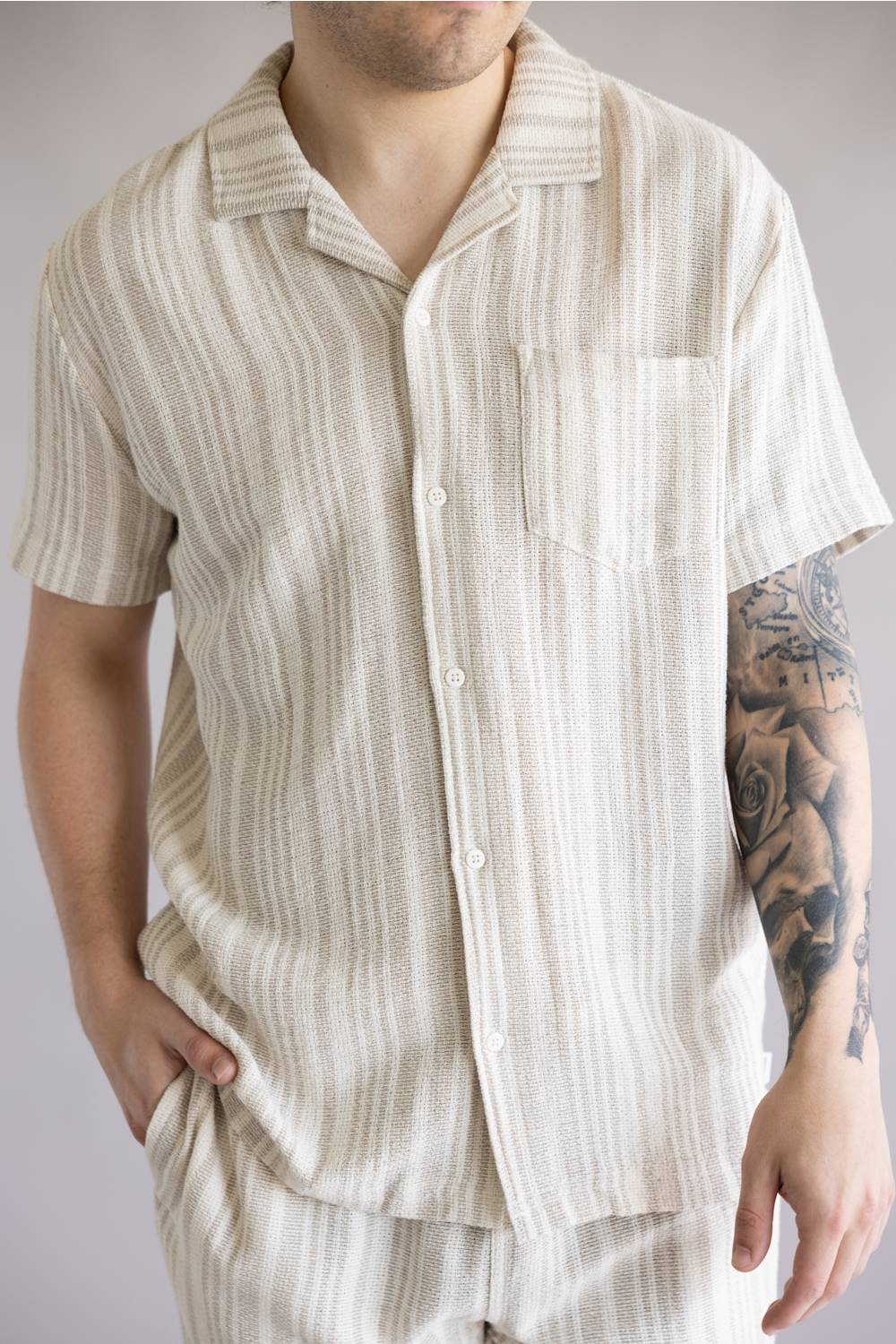 Vintage Summer Basketweave Button Up Shirt for Men in Tan | V84902 TAN STRIPE - Image 5