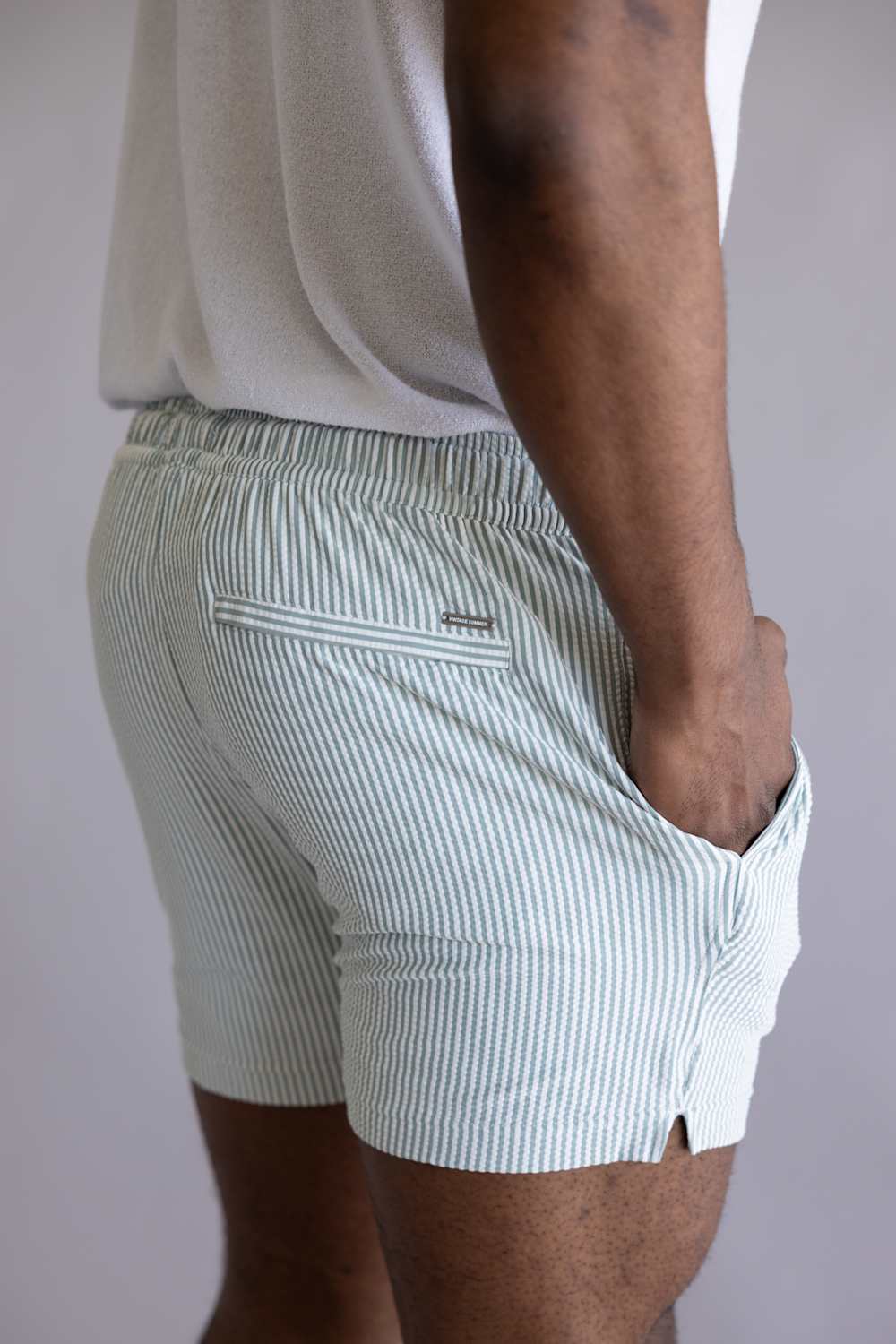 Vintage Summer Textured Seersucker Swim Shorts for Men in Green | V72902 SAGE - Image 2