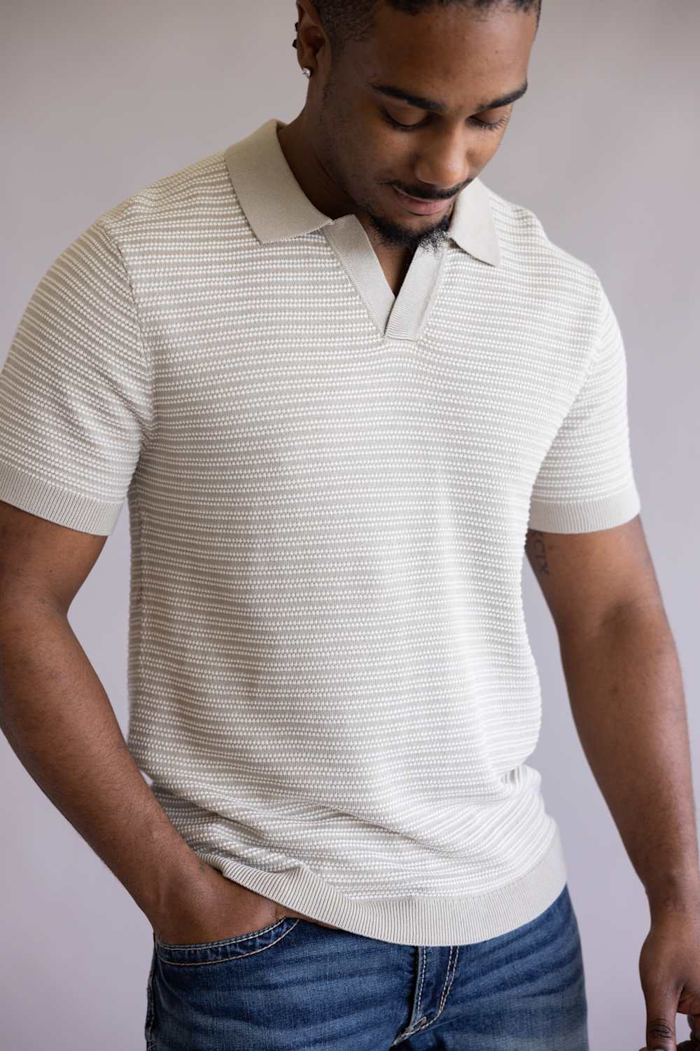 Vintage Summer Striped Knit Sweater Polo for Men in Tan | V88901 TAN - Image 2