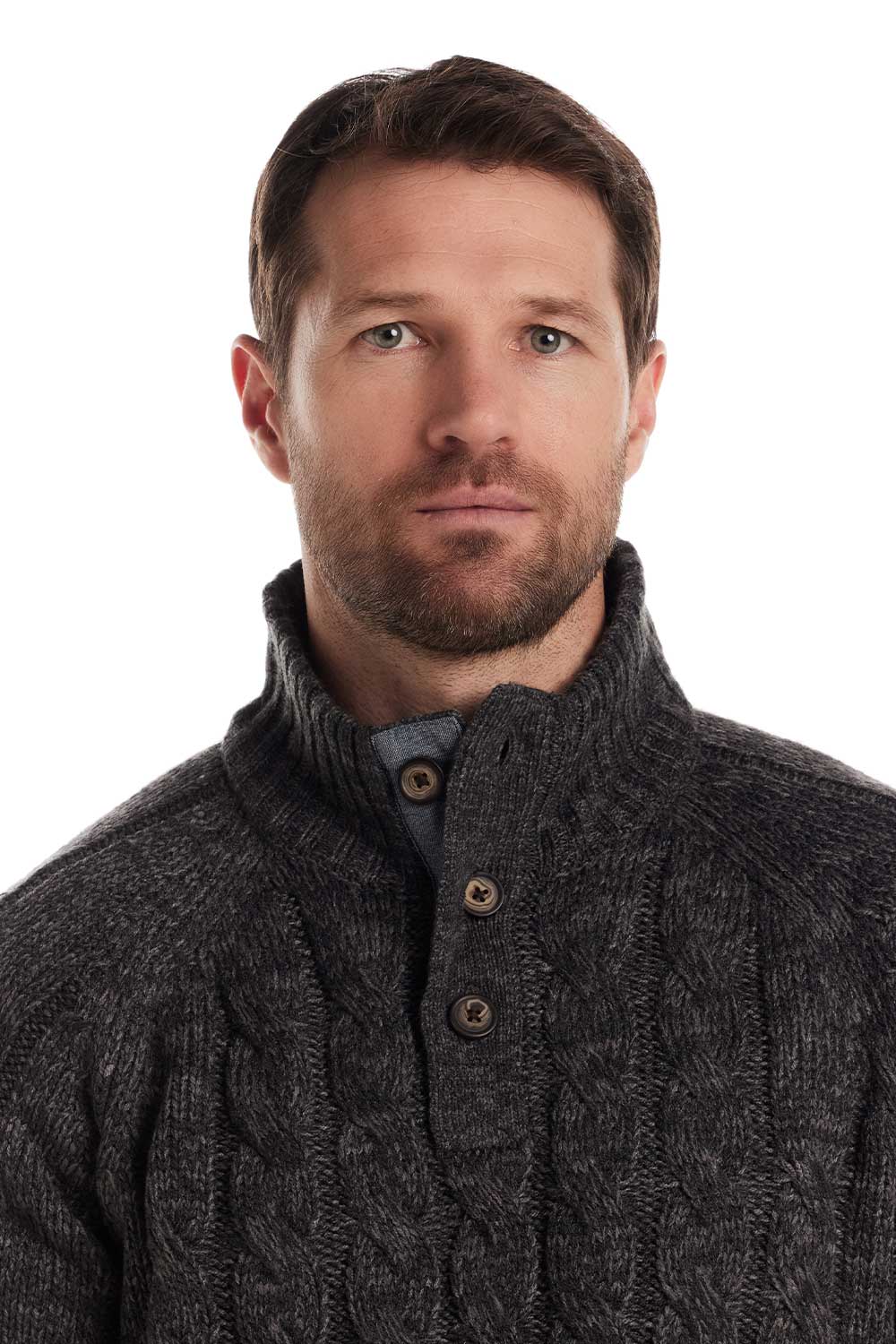 Weatherproof Vintage Cable Knit Button Mock Neck Sweater for Men in Charcoal | F2540639GK-CHARCOAL - Image 3