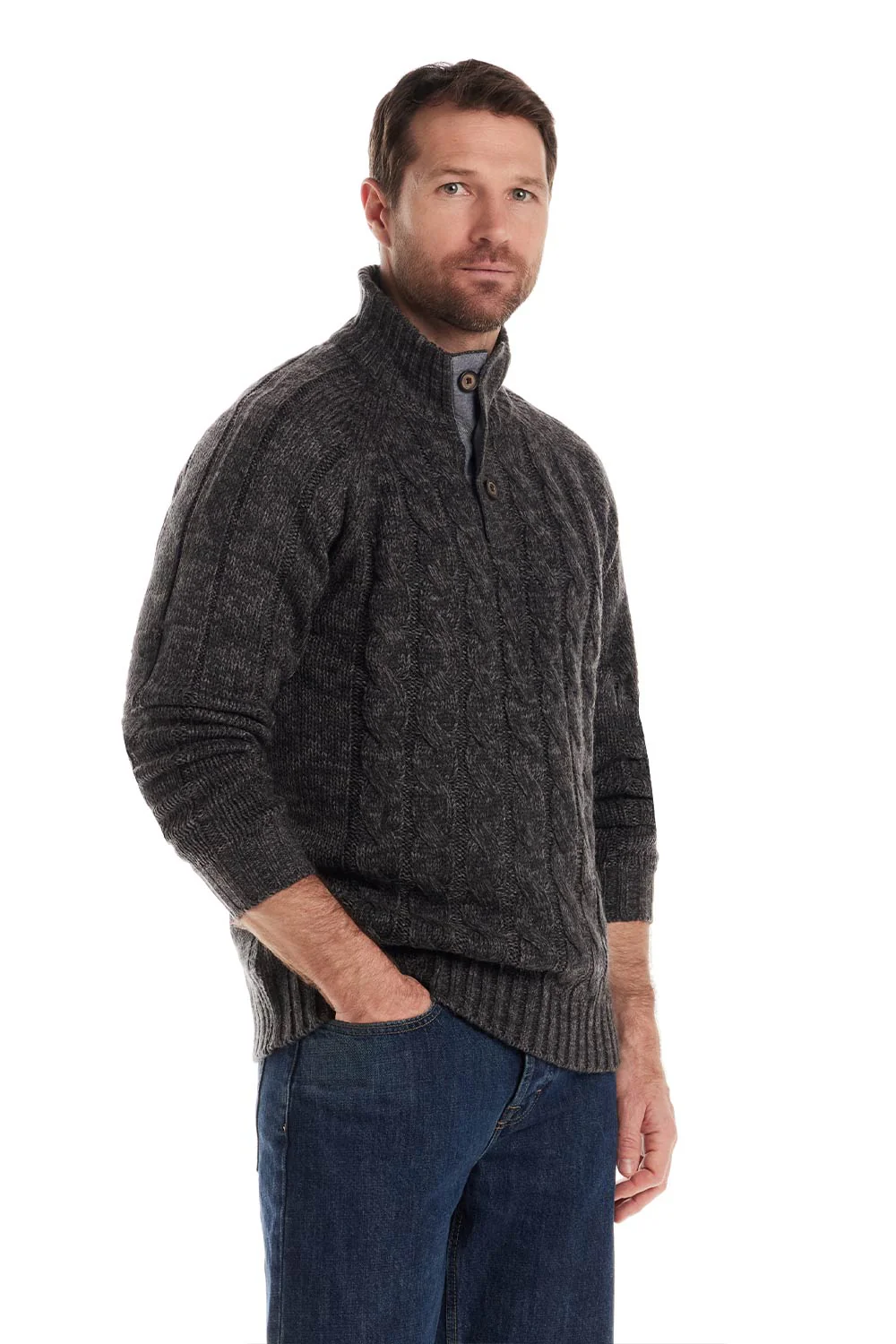 Weatherproof Vintage Cable Knit Button Mock Neck Sweater for Men in Charcoal | F2540639GK-CHARCOAL - Image 4
