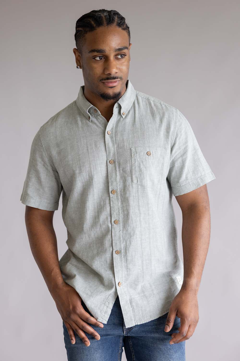Weatherproof Vintage Cotton Linen Stripe Button Down Shirt for Men in Seagrass | S2684463GK-SEAGRASS - Image 4