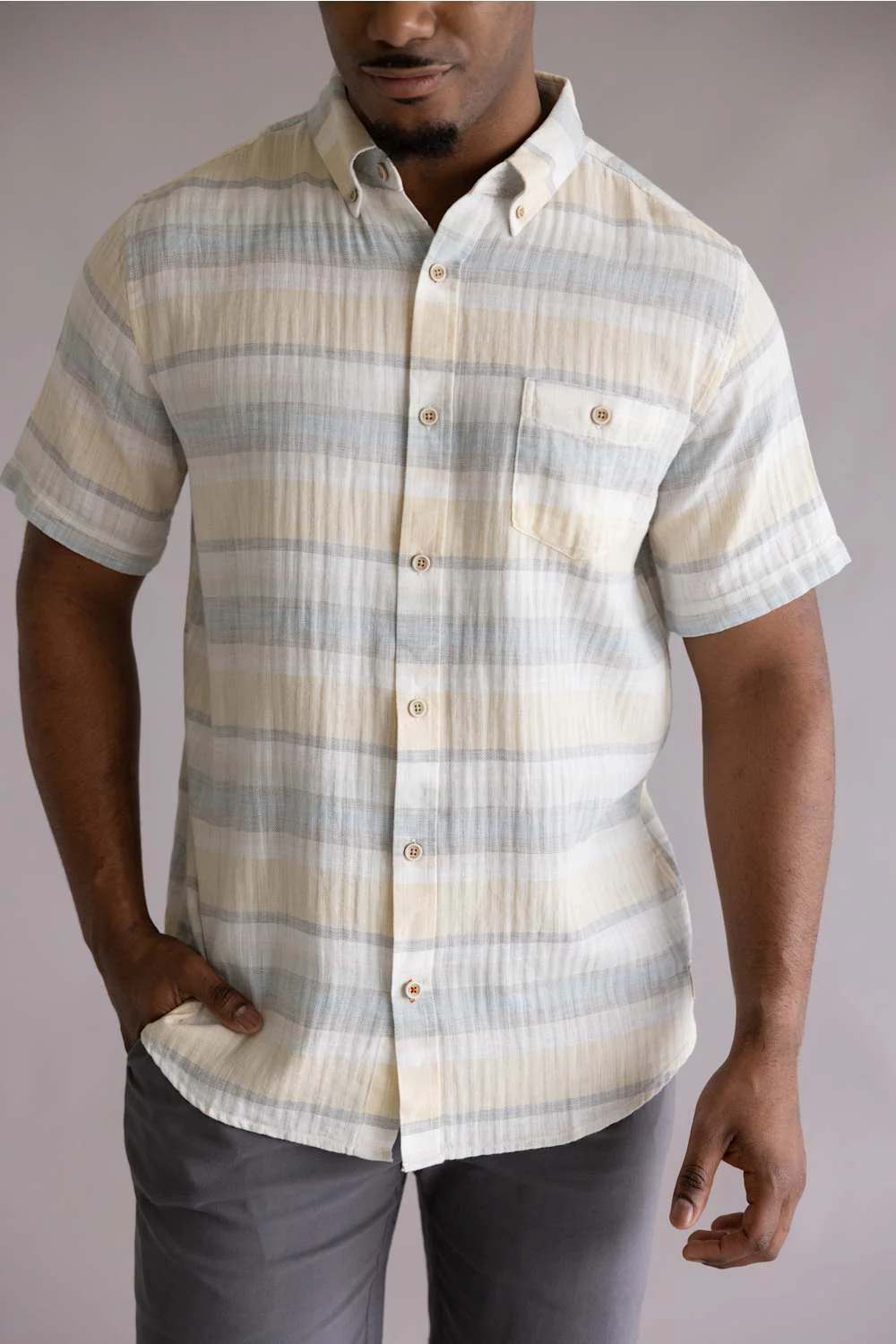 Weatherproof Vintage Cotton Stripe Pattern Button Down Shirt for Men in Golden Haze | S2684594GK-GOLDENHAZE - Image 3