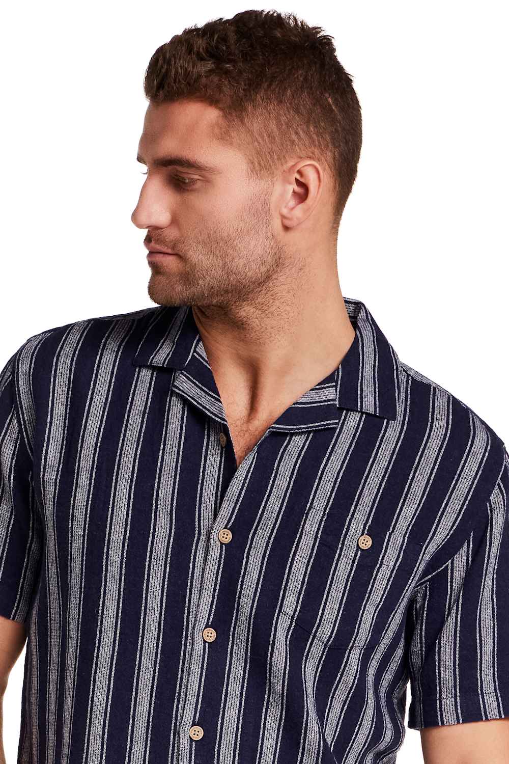 Weatherproof Vintage Linen Camp Shirt for Men in Navy Stripe  | S2622125GK-NAVYSTRIPE - Image 2