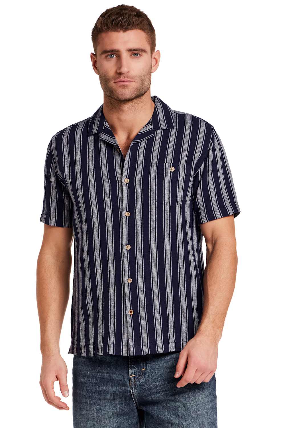 Weatherproof Vintage Linen Camp Shirt for Men in Navy Stripe  | S2622125GK-NAVYSTRIPE - Image 3