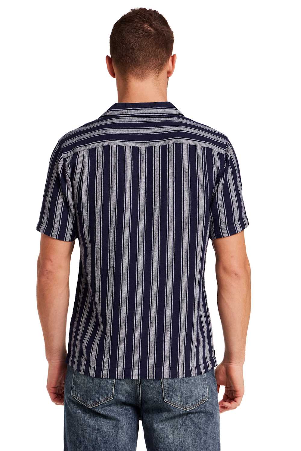Weatherproof Vintage Linen Camp Shirt for Men in Navy Stripe  | S2622125GK-NAVYSTRIPE - Image 4
