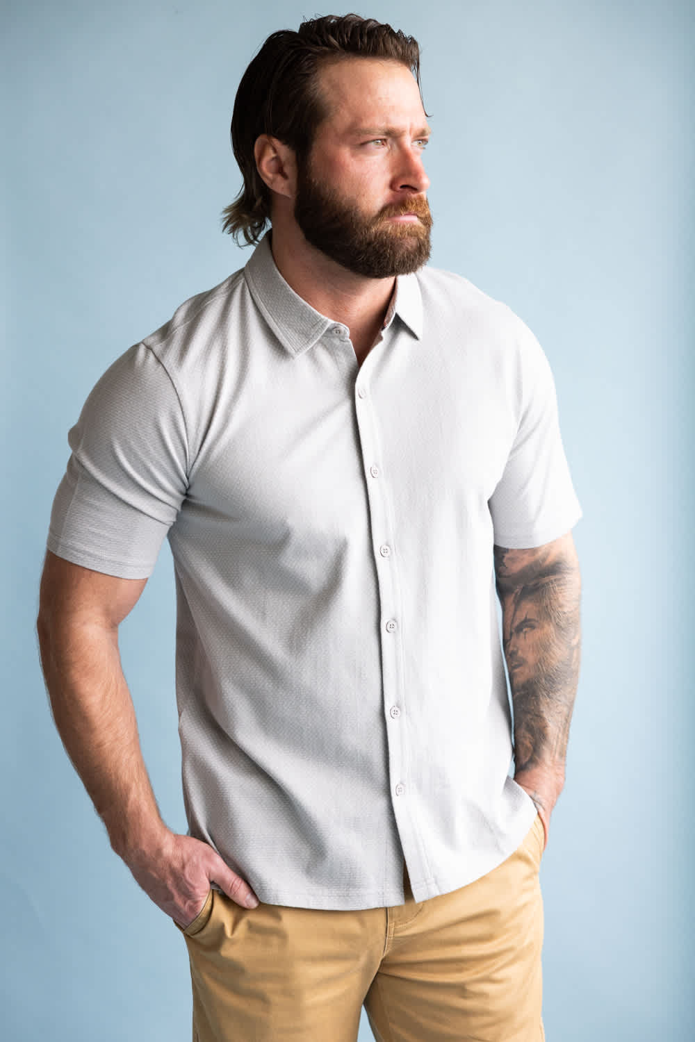 Weatherproof Vintage Neat Coat Knit Button Up Shirt for Men in Grey | S2631579GK-BELGIUM BLOCK - Image 3
