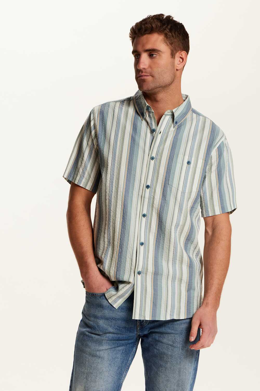 Weatherproof Vintage Seersucker Stripe Button Down Shirt for Men in Green Slate | S2684663GK-GREENSLATE - Image 3