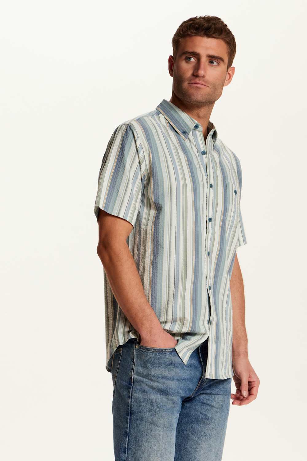 Weatherproof Vintage Seersucker Stripe Button Down Shirt for Men in Green Slate | S2684663GK-GREENSLATE - Image 4