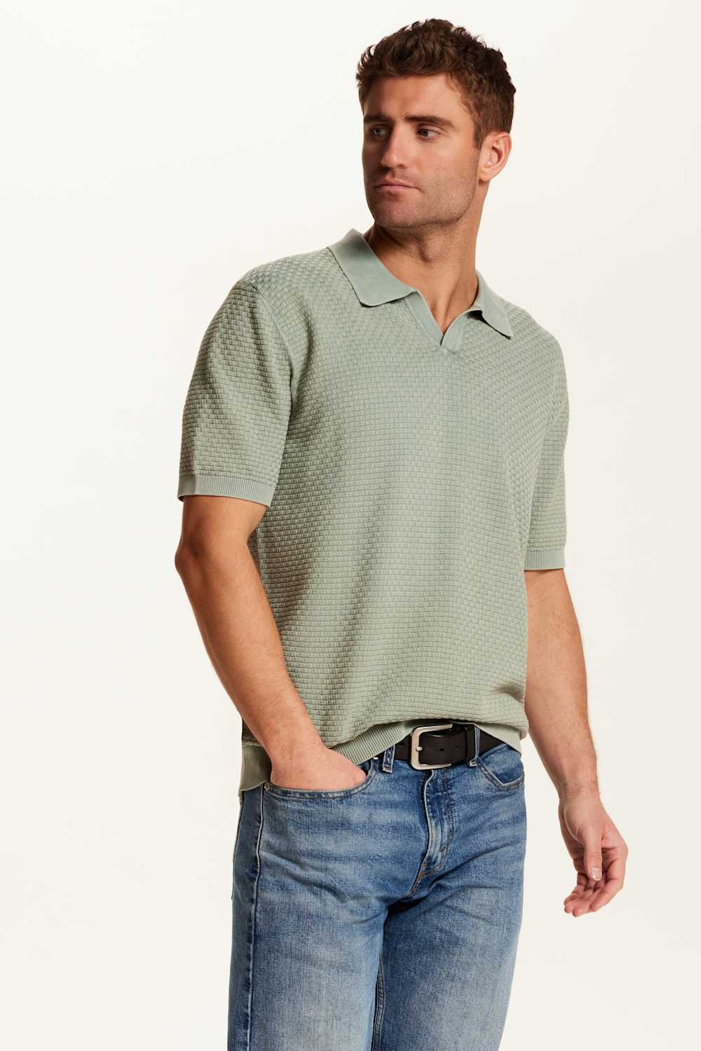 Weatherproof Vintage Stonewash Knit Johnny Collar Polo Shirt for Men in Sage Green | S2640816GK-SPRINGSKY - Image 2