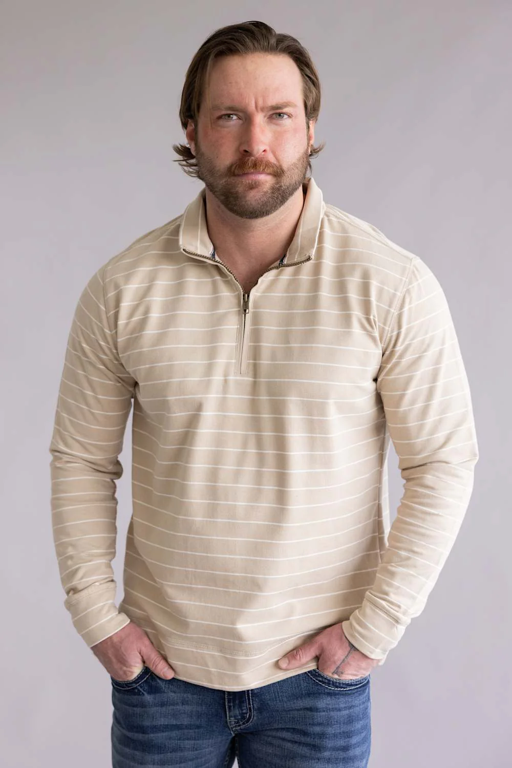 Weatherproof Vintage Striped Quarter Zip for Men in Bleached Sand | S2631144GK-BLEACHEDSAND - Image 2