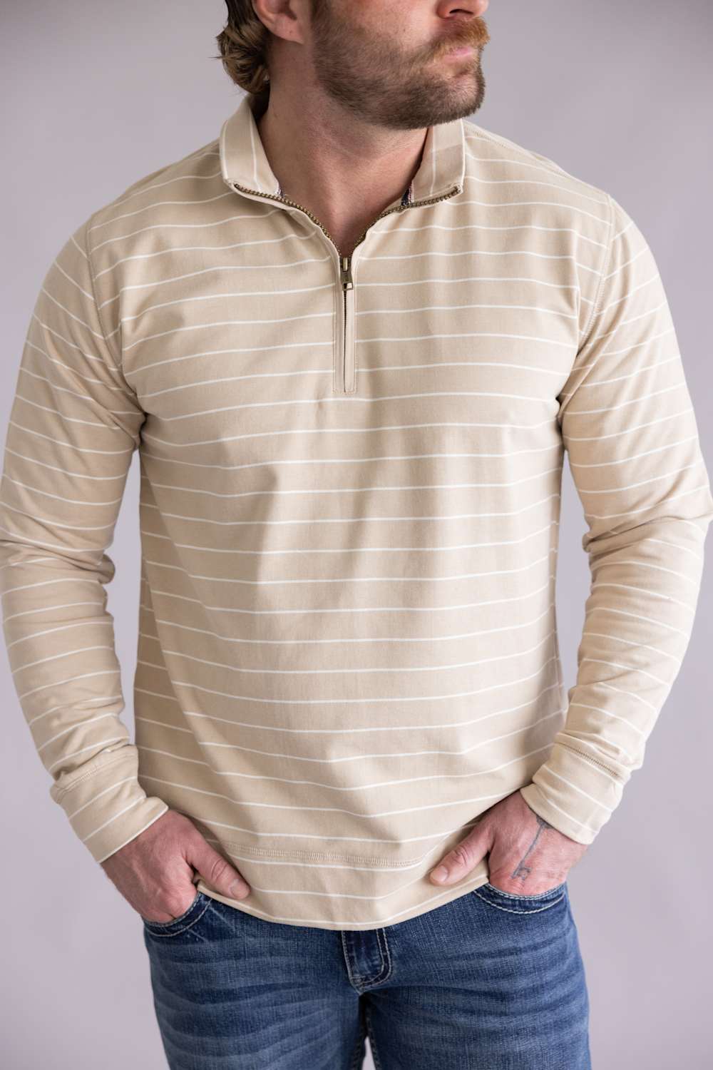 Weatherproof Vintage Striped Quarter Zip for Men in Bleached Sand | S2631144GK-BLEACHEDSAND - Image 4