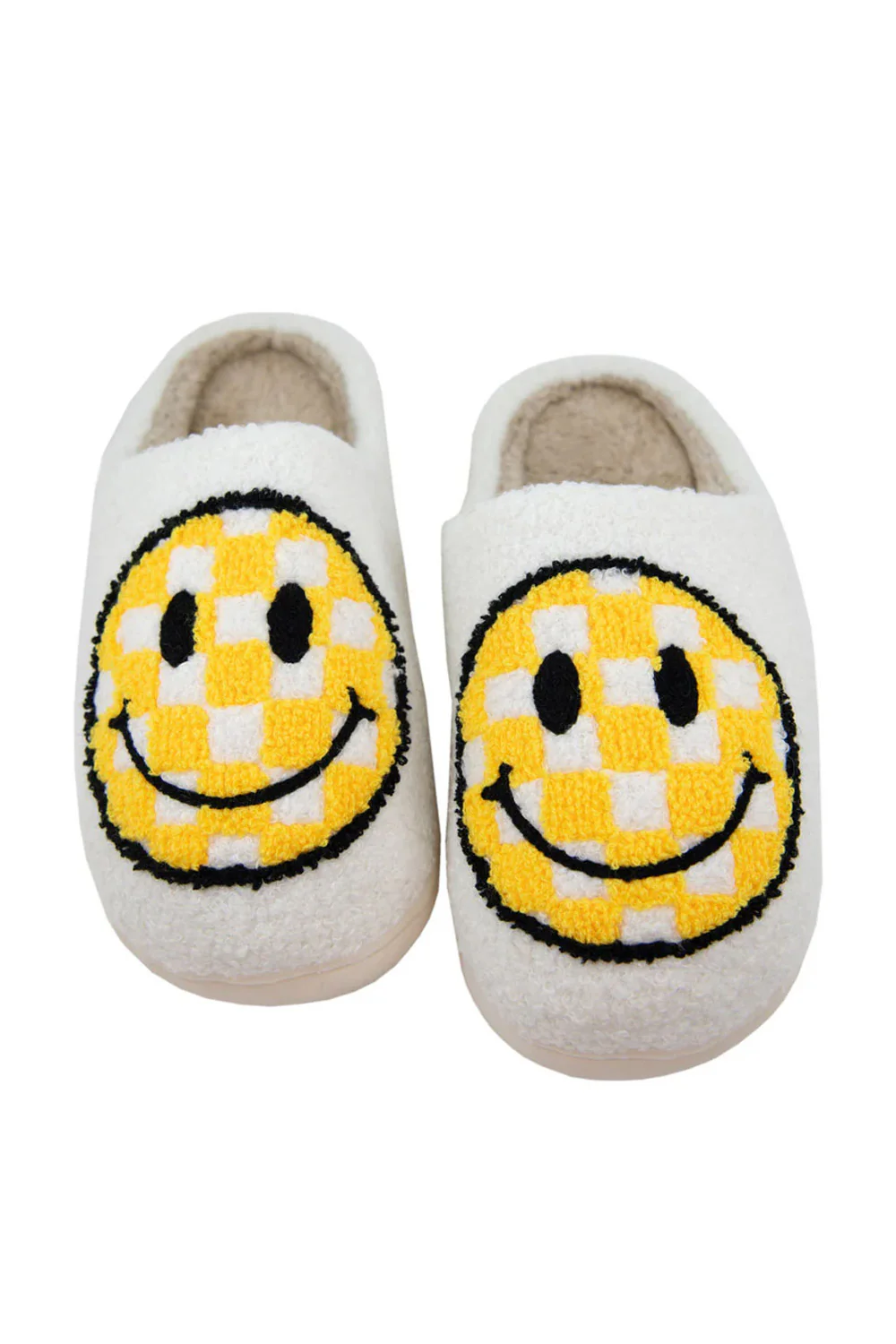 Yellow Checkerboard Smiley Face Slippers for Women in White | KDC-SLPR-135-WHT - Image 2