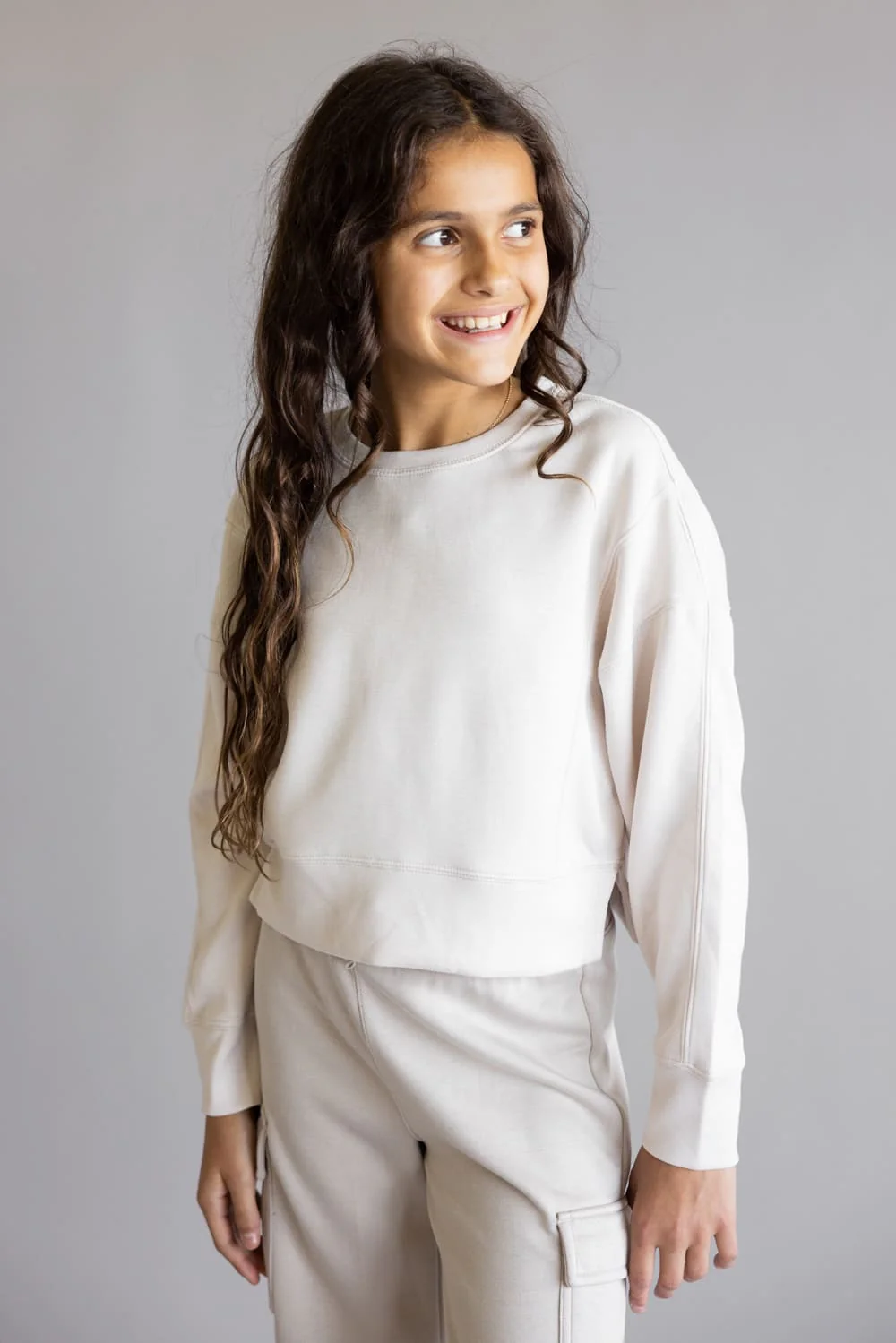 Youth Pullover & Wide Leg Pant Set for Girls in Grey/Beige | 1539LSPG-GRYNC - Image 3