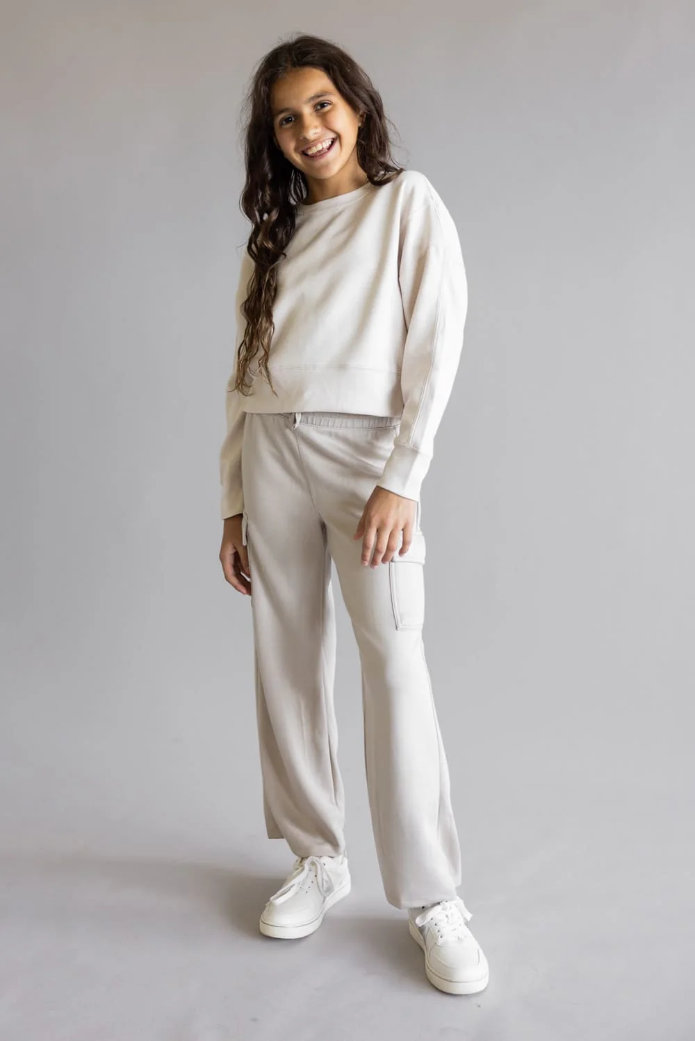 Youth Pullover & Wide Leg Pant Set for Girls in Grey/Beige | 1539LSPG-GRYNC - Image 5