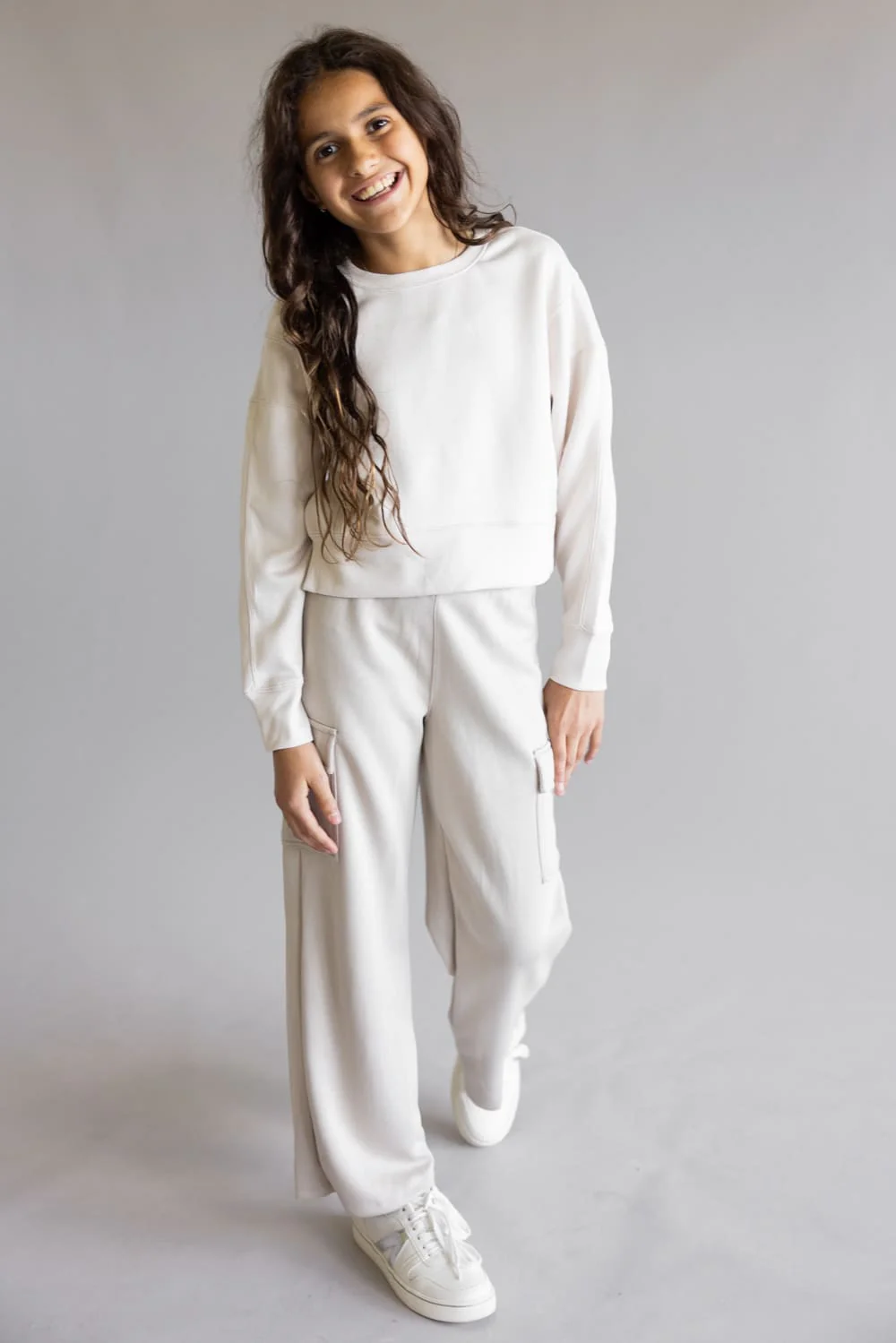 Youth Pullover & Wide Leg Pant Set for Girls in Grey/Beige | 1539LSPG-GRYNC - Image 7